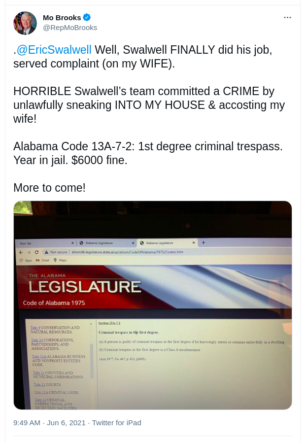Rep Mo Brooks tweet accusing Rep Swalwell associates of crimes