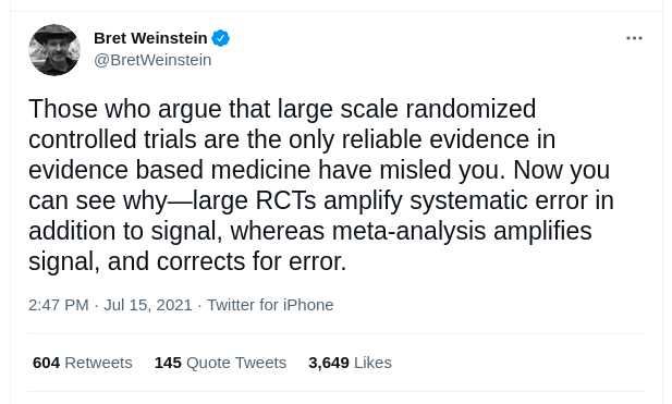 Bret Weinstein claiming that meta-analyses correct for included faulty studies
