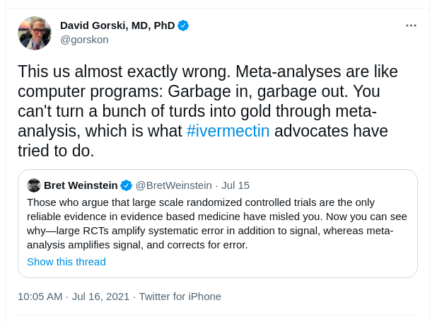Dr David Gorski contradicting Bret Weinstein regarding meta-analyses