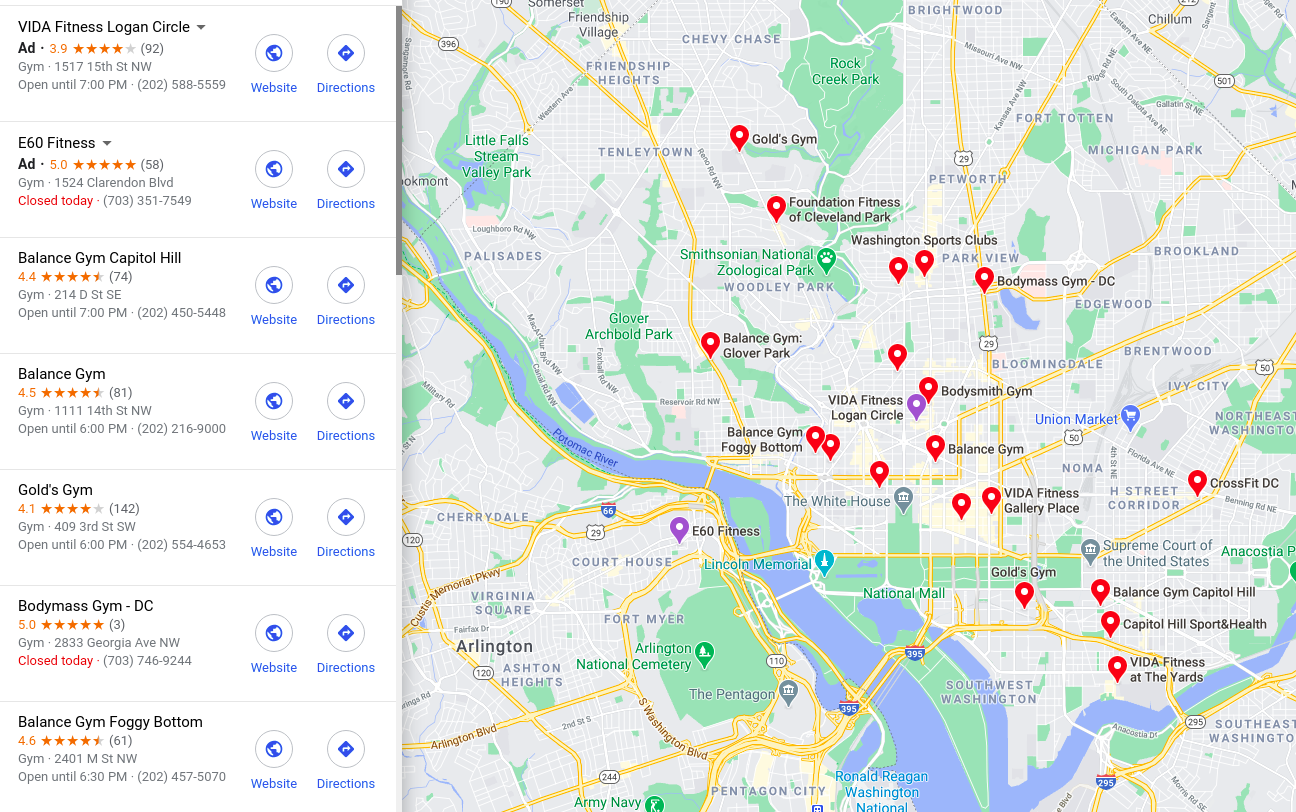 Google Maps screenshot of open gyms in Washington, DC, Nov 14, 2020