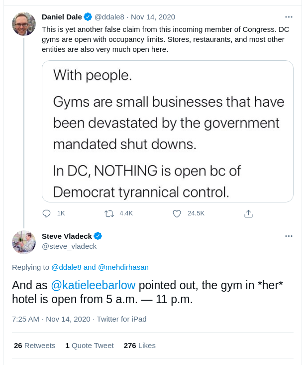 Steve Vladeck on whether DC gyms were open Nov 14, 2020